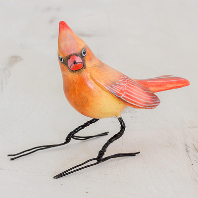 Ceramic figurine, 'Cardinal Beauty' - Handmade Cardinal Clay Bird Figurine from Guatemala