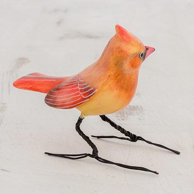 Ceramic figurine, 'Cardinal Beauty' - Handmade Cardinal Clay Bird Figurine from Guatemala
