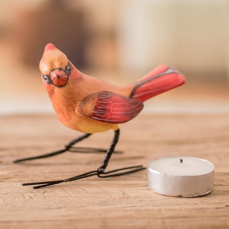 Handmade Cardinal Clay Bird Figurine from Guatemala - Cardinal