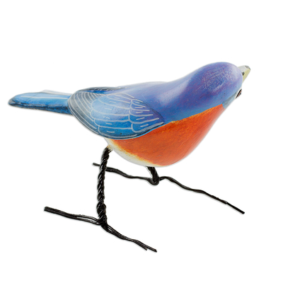 Ceramic figurine, 'Eastern Bluebird' - Guatemalan Handmade Eastern Bluebird Ceramic Bird Figurine