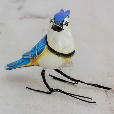 Ceramic figurine, 'Blue Jay' - Hand Painted Blue Jay Ceramic Bird Figurine from Guatemala