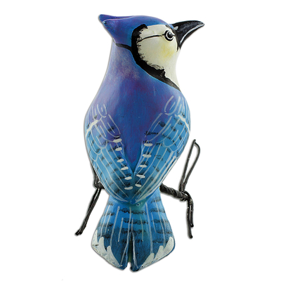 estatuilla de ceramica - Estatuilla de pájaro de cerámica de arrendajo azul pintada a mano de Guatemala