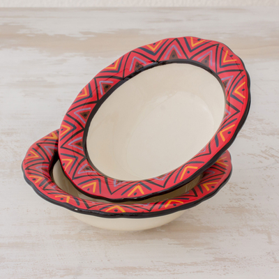 Ceramic soup bowls, 'Tazumal' (pair) - Ceramic Soup Bowls with Colorful Geometric Motifs (Pair)