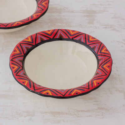 Cuencos de cerámica para sopa, 'Tazumal' (par) - Sopas de cerámica con motivos geométricos de colores (par)
