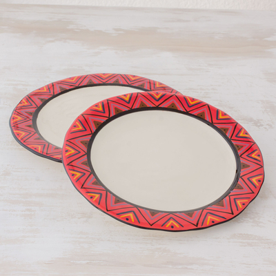 Platos llanos de cerámica, 'Tazumal' (par) - Platos llanos de cerámica hechos a mano con diseño maya