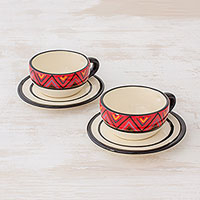 Ceramic teacups and saucers, 'Tazumal' (pair) - Ceramic Teacups and Saucers with Maya Motifs (Pair)
