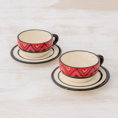 Keramische Teetassen und Untertassen, 'Tazumal' (Paar) - Keramische Teetassen und Untertassen mit Maya-Motiven (Paar)