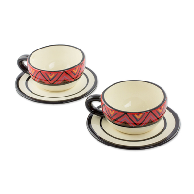 Keramische Teetassen und Untertassen, 'Tazumal' (Paar) - Keramische Teetassen und Untertassen mit Maya-Motiven (Paar)