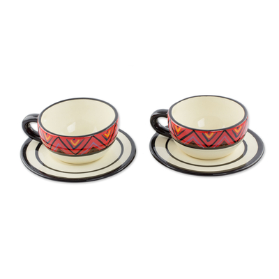 Ceramic teacups and saucers, 'Tazumal' (pair) - Ceramic Teacups and Saucers with Maya Motifs (Pair)