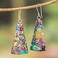 Recycled CD dangle earrings, 'Color Explosion' - Yellow Turquoise and Purple Recycled CD Dangle Earrings