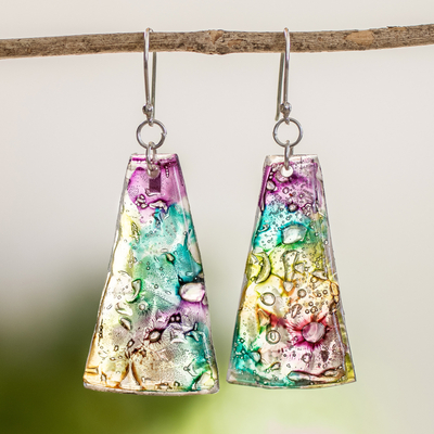 Recycled CD dangle earrings, 'Color Explosion' - Yellow Turquoise and Purple Recycled CD Dangle Earrings