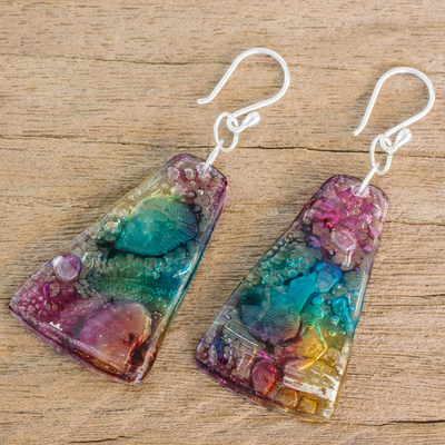 Recycled CD dangle earrings, 'Color Explosion' - Yellow Turquoise and Purple Recycled CD Dangle Earrings