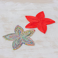 Recycled paper trivets, 'Stellar Beauty in Red' (pair) - Pair of Star-Shaped Recycled Paper Trivets from Guatemala