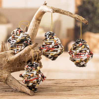 Recycled paper ornaments, 'Spirals of Love' (set of 4) - Set of Four Recycled Paper Ornaments from Guatemala