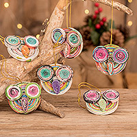 Recycled paper ornaments, 'Owl Friends' (set of 6) - Six Owl-Themed Recycled Paper Ornaments from Guatemala