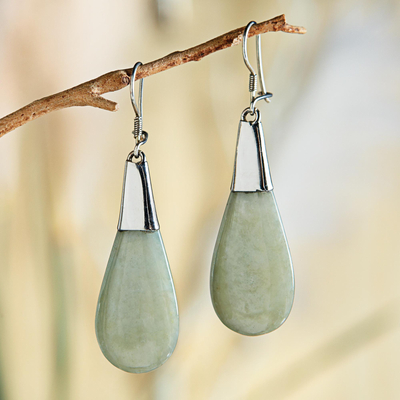 Jade dangle earrings, 'Subtle Dewdrops' - Pale Green Jade and Sterling Silver Teardrop Dangle Earrings