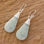 Jade dangle earrings, 'Subtle Dewdrops' - Pale Green Jade and Sterling Silver Teardrop Dangle Earrings