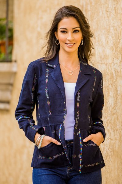 Cotton blazer, 'Mountain Fashion' - Woven Blue Cotton Blazer with Multicolor Accents