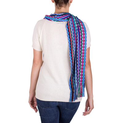 Rayon scarf, 'Checkerboard' - Guatemalan Loom Woven Checkerboard Pattern Rayon Scarf