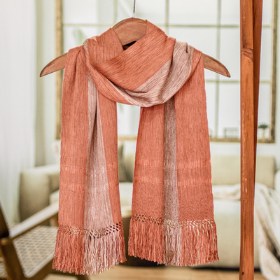 Rayon scarf, Coral Bands' - Guatemalan Handmade Rayon Scarf with Wide Stripes
