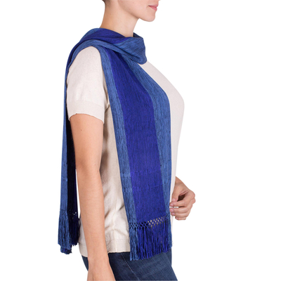 Rayon scarf, 'November Skies' - Loom Woven Blue Striped Rayon Scarf from Guatemala