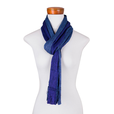 Rayon scarf, 'November Skies' - Loom Woven Blue Striped Rayon Scarf from Guatemala