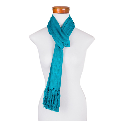 Rayon scarf, 'Lake Chichoy' - Artisan Crafted Blue Rayon Scarf from Guatemala