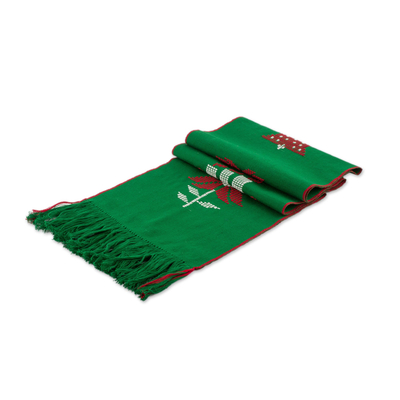 Cotton table runner, 'Christmas Gathering in Green' - Loom Woven Green 100% Cotton Table Runner from Guatemala