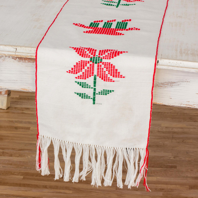 Tischläufer aus Baumwolle, „Christmas Gathering in White“. - Guatemaltekischer Webstuhl gewebter 100-Otton-Tischläufer in Weiß