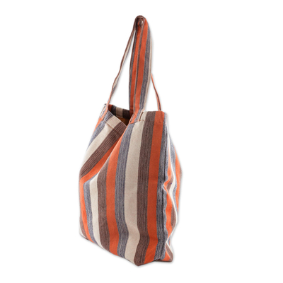 Baumwoll-Einkaufstasche - Handgewebte Tragetasche aus 100 % Baumwolle mit erdfarbenen Streifen