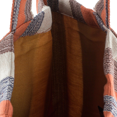 Cotton tote bag, 'Autumn Lines' - Hand Woven 100% Cotton Tote Bag with Earthtone Stripes