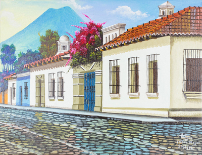 'Antigua' - Pintura firmada de Antigua Guatemala en óleos sobre lienzo