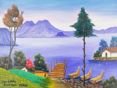 'Atitlán' - Paisaje firmado del lago Atitlán en Guatemala