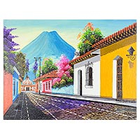 'Road to Escuela de Cristo' - Signed Colorful Cityscape Painting from Guatemala