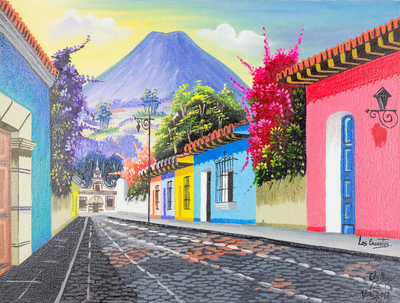 'Charms' - Signed Colorful Cityscape Painting from Guatemala
