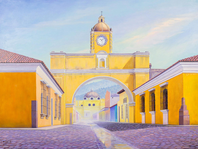 'Arch Street' - Pintura de paisaje urbano realista firmada de Guatemala