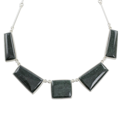 Jade pendant necklace, 'Secluded Beauty' - Modern Sterling Silver and Dark Green Jade Pendant Necklace