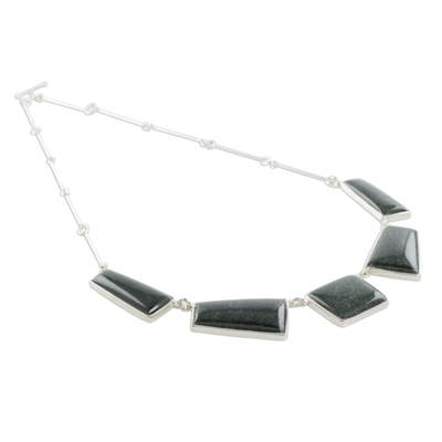 Jade pendant necklace, 'Secluded Beauty' - Modern Sterling Silver and Dark Green Jade Pendant Necklace