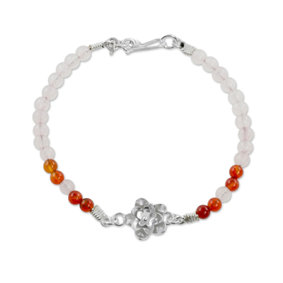 Agate and rose quartz beaded pendant bracelet, 'Narcissus Flower' - Rose Quartz Agate and Sterling Silver Pendant Necklace