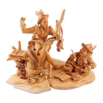 Cedar sculpture, 'Quixote Reads to Sancho Panza' - Cedar Wood Heirloom Quixote and Sancho Panza Sculpture