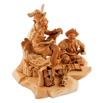 Cedar sculpture, 'Quixote Reads to Sancho Panza' - Cedar Wood Heirloom Quixote and Sancho Panza Sculpture