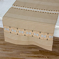 Cotton table runner, 'Striped Paths in Khaki'