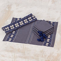 Cotton table linen set, 'Striped Paths in Graphite' (set of 4)