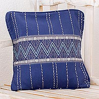 Cotton cushion cover, 'Zigzag Lines in Indigo' - Handwoven Cotton Cushion Cover in Indigo from Guatemala