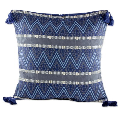 Kissenbezug aus Baumwolle - Kissenbezug aus Baumwolle mit Zick-Zack-Motiv in Blau aus Guatemala
