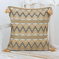 Cotton cushion cover, 'Zigzag Paths in Wheat' - Zigzag Motif Cotton Cushion Cover in Wheat from Guatemala