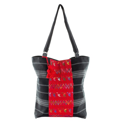 Handwoven Striped Cotton Tote Bag in Black from Guatemala