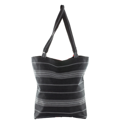 Cotton tote bag, 'Tactic Stripes in Black' - Handwoven Striped Cotton Tote Bag in Black from Guatemala
