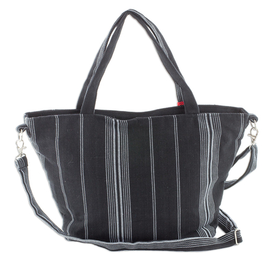 Cotton tote, 'Tactic Stripes in Black' - Handwoven Striped Cotton Tote in Black from Guatemala