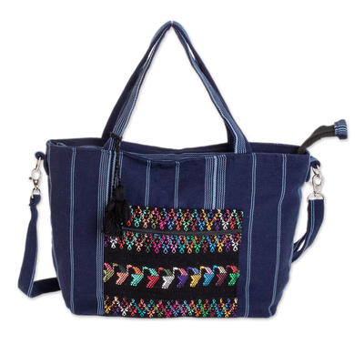 Cotton tote, 'Tactic Stripes in Navy' - Handwoven Striped Cotton Tote in Navy from Guatemala